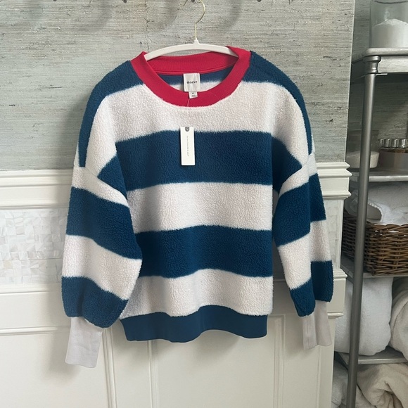 NWT new XS fits small Anthropologie Maeve Sherpa fleece stripe blue sweater top - Picture 3 of 17